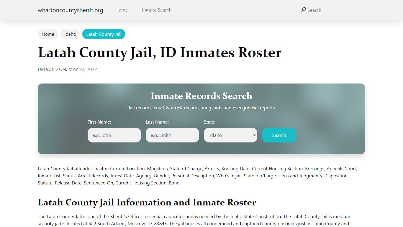 Latah County Jail, ID Jail Roster, Name Search